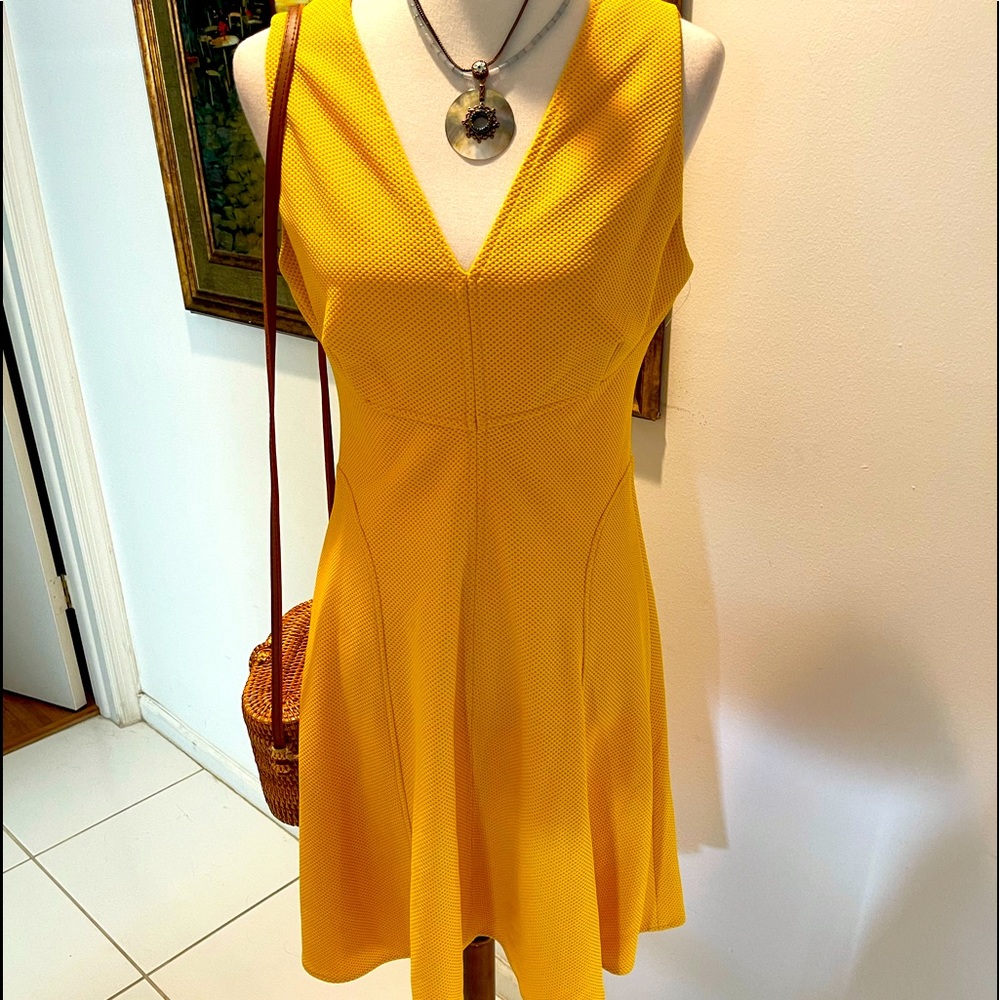 London Times Bright Yellow V-Neck Fit & Flare Dress